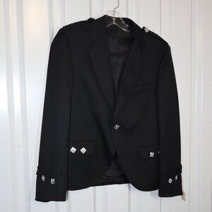 Men's Argyle Kilt Jacket Black with Silver Buttons Size 36R Wool EUC Lined